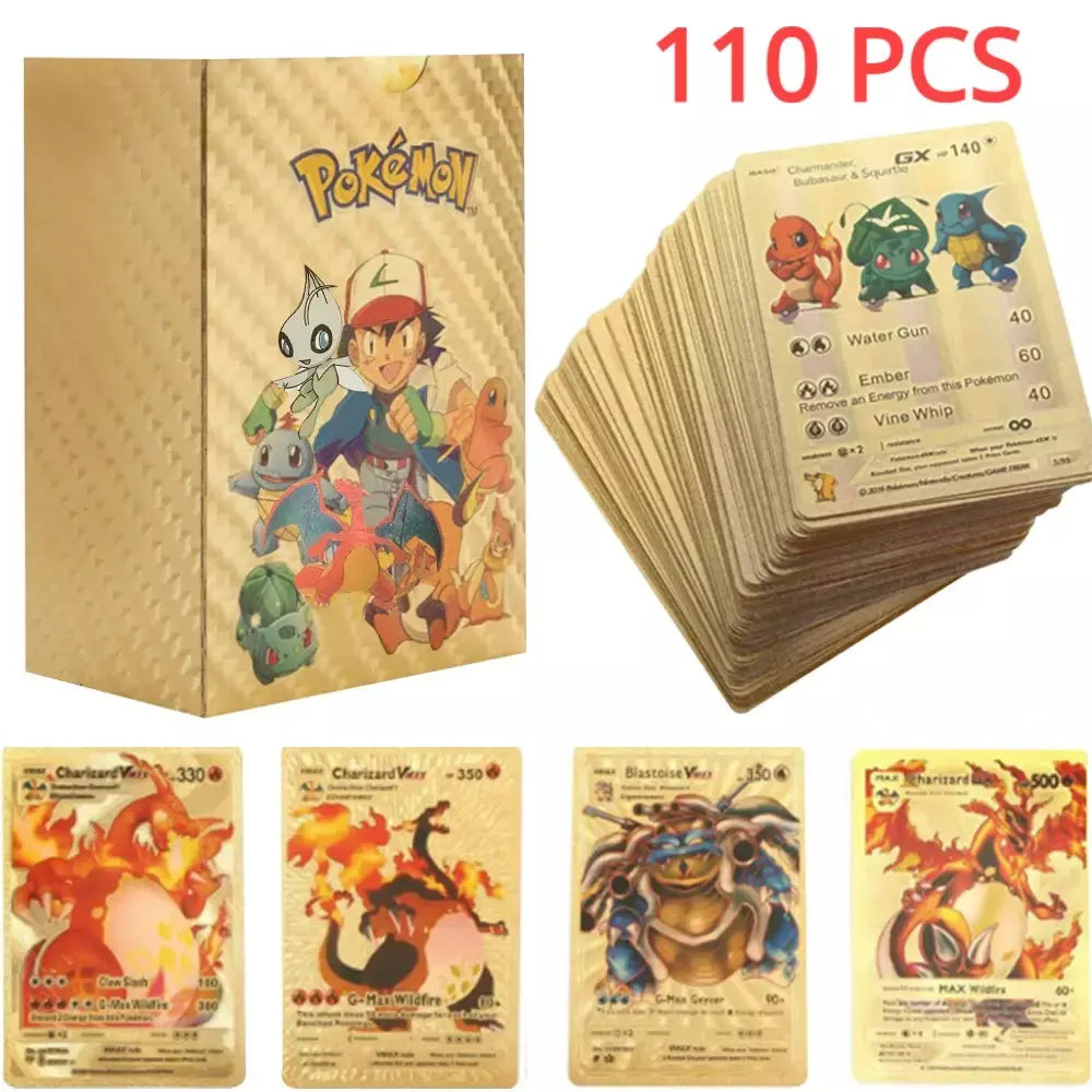 Novo 27-110 pçs cartas pokemon cartões francês inglês espanhol alemão folha de ouro silve cartões charizard vmax gx jogo coleção cartão