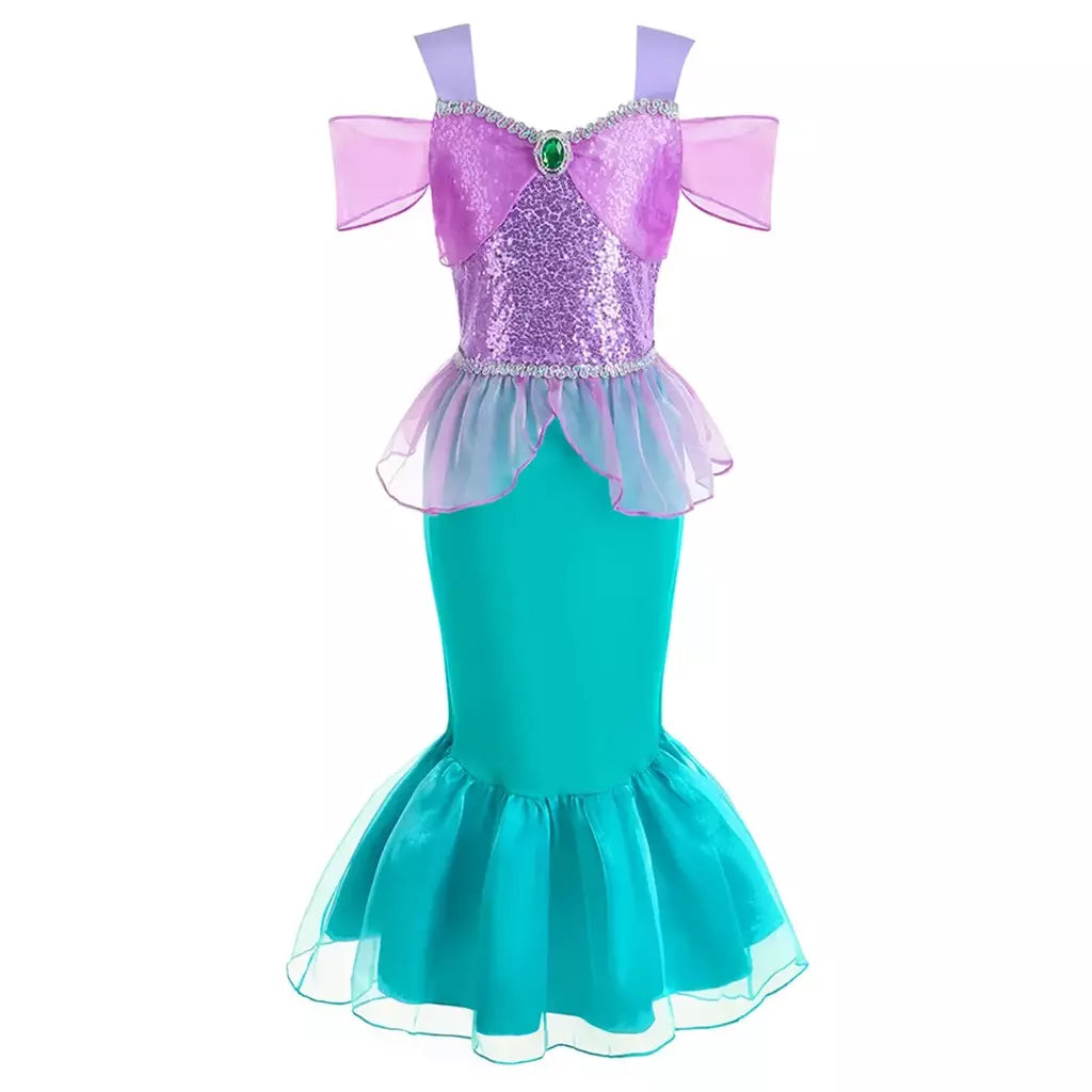 Meninas roxo-azul sereia ariel cosplay vestido de halloween vestido de festa de aniversário meninas praia vestido de férias