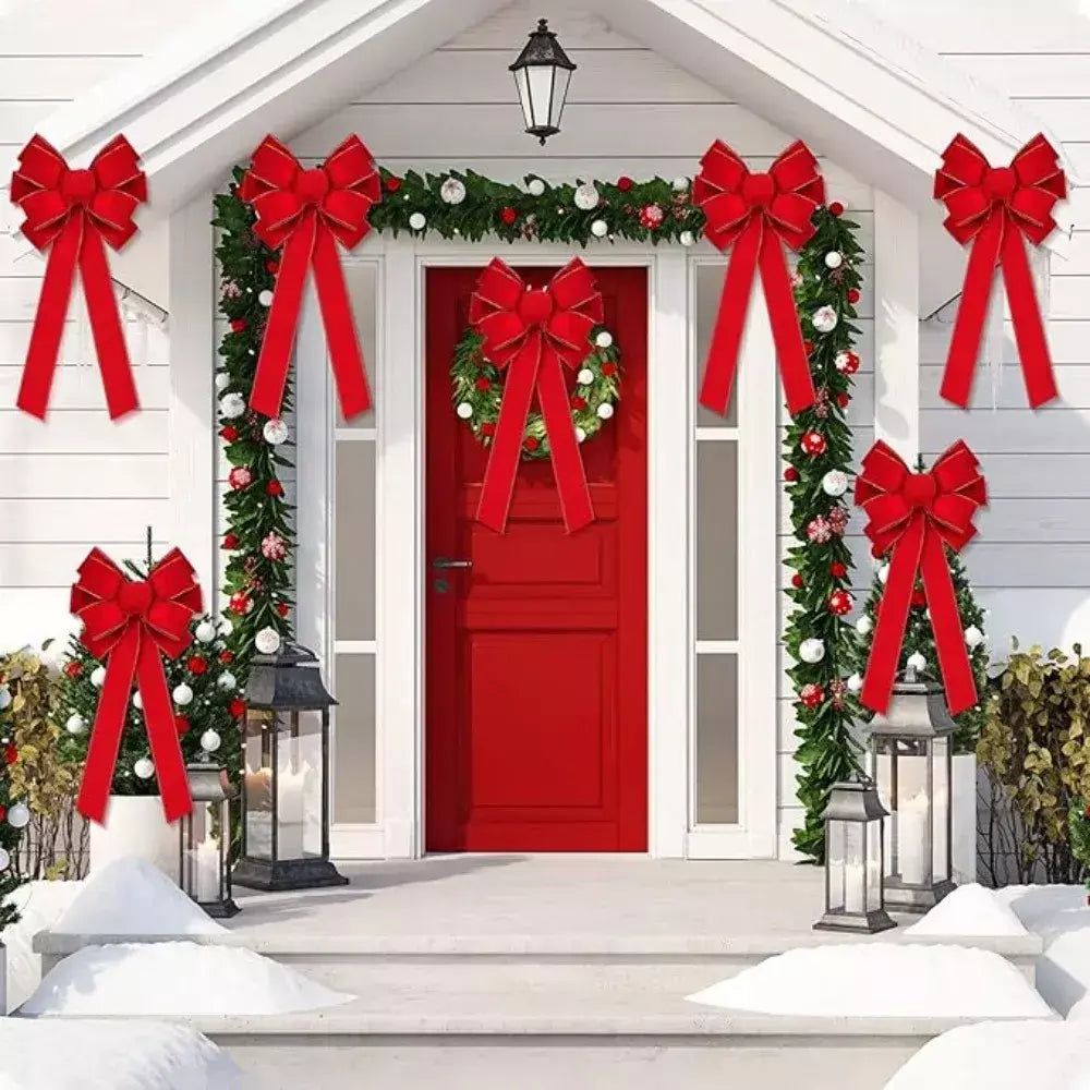 Laços de natal vermelhos decorações ao ar livre grande árvore de natal arco superior grinalda de veludo com glitter borda dourada decoração da porta da frente