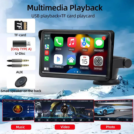 Hippbqcc carplay android auto rádio do carro reprodutor de vídeo multimídia tela toque portátil de 7 polegadas com aux para câmera de visão traseira