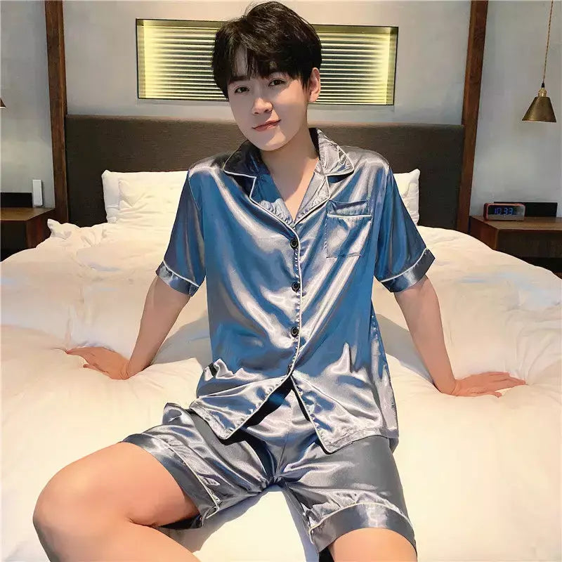 Pijama de seda gelo masculino, shorts de manga curta, roupa de manga fina, cor sólida, terno doméstico tamanho grande, várias cores disponíveis, verão