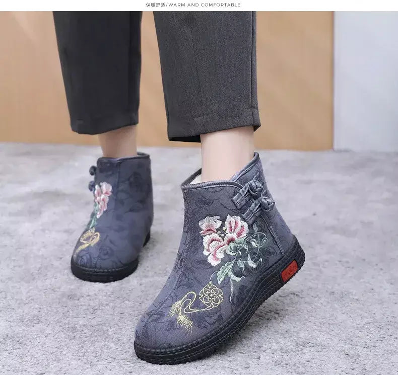 Sapatos de pano de inverno estilo étnico botas mujer sapatos femininos zapatos botas curtas quentes mulher bootie bordado algodão botas femininas