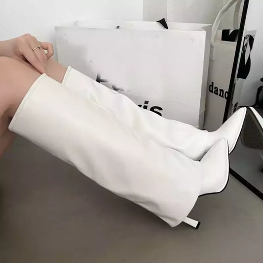 Botas ocidentais plissadas para mulheres, altura do joelho, dedo apontado, saltos femininos, longo, festa, moderno, senhoras, moda