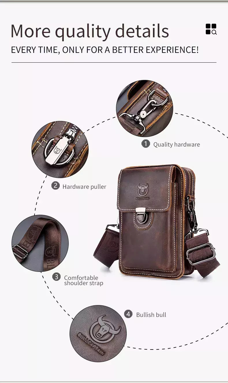 BULLCAPTAIN-Pacotes de Cintura de Couro Genuíno para Homens, Cinto Casual, Bolsa de Telefone Móvel 100% Couro Pequena Bolsa de Ombro