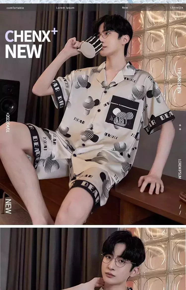 Pijama de seda gelo de duas peças masculino, shorts de manga curta, seção fina, estudante, terno homewear adolescente, verão, novo