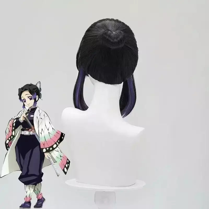 Borboleta shinobu demon slayer cosplay peruca sintética curta reta anime coser bonito menina peruca de alta qualidade festa de halloween