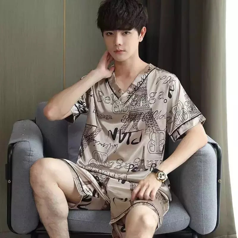 Conjunto de pijama de seda gelo manga curta masculino, pijama casual fino de simulação, tamanho grande, roupa para casa, verão, 2 peças