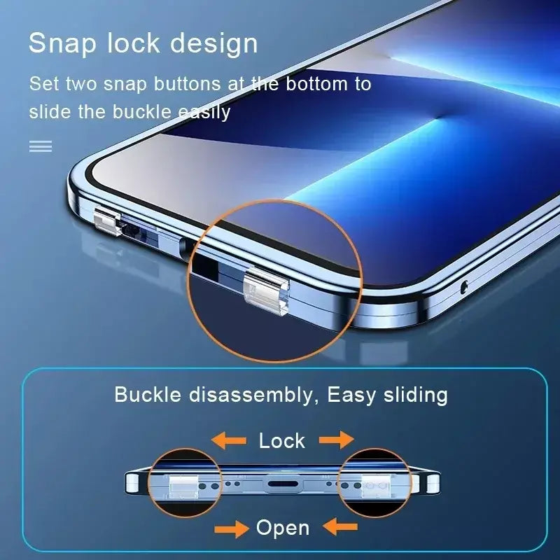 Transparente 360 ° Proteção total de metal magnético dupla face vidro imprensa caso de telefone para iphone 16e 16 pro max 14 13 12 15 pro max caso