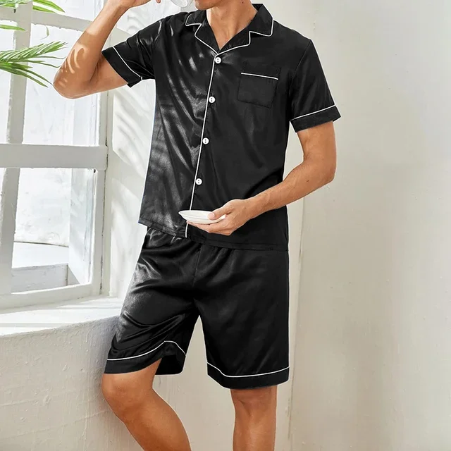 Pijama de cardigã de seda gelada masculino de manga curta, cardigã simples, roupa doméstica pura colorida, tamanho grande, pijamas de duas peças, senior sense