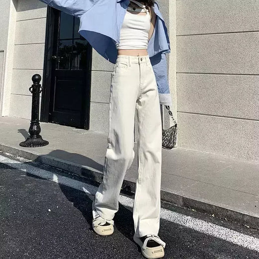 Calça jeans branca de perna larga feminina, com pernas retas, calça casual na moda, ajuste solto, emagrecedor, elegante, nova, 2024