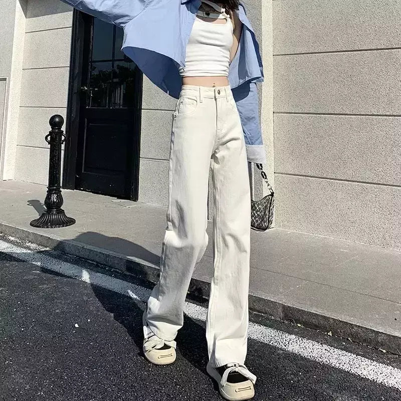 Calça jeans branca de perna larga feminina, com pernas retas, calça casual na moda, ajuste solto, emagrecedor, elegante, nova, 2024