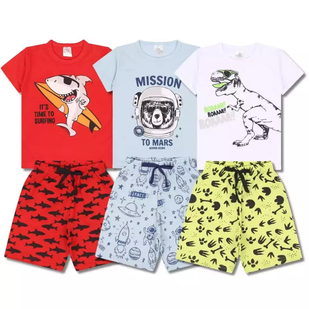 Kit Sortido 4 Peças Pijama Infantil Menino Manga Curta Atacado 1 Ao 10 - 2 Conjuntos Pijamas Infantil para Meninos