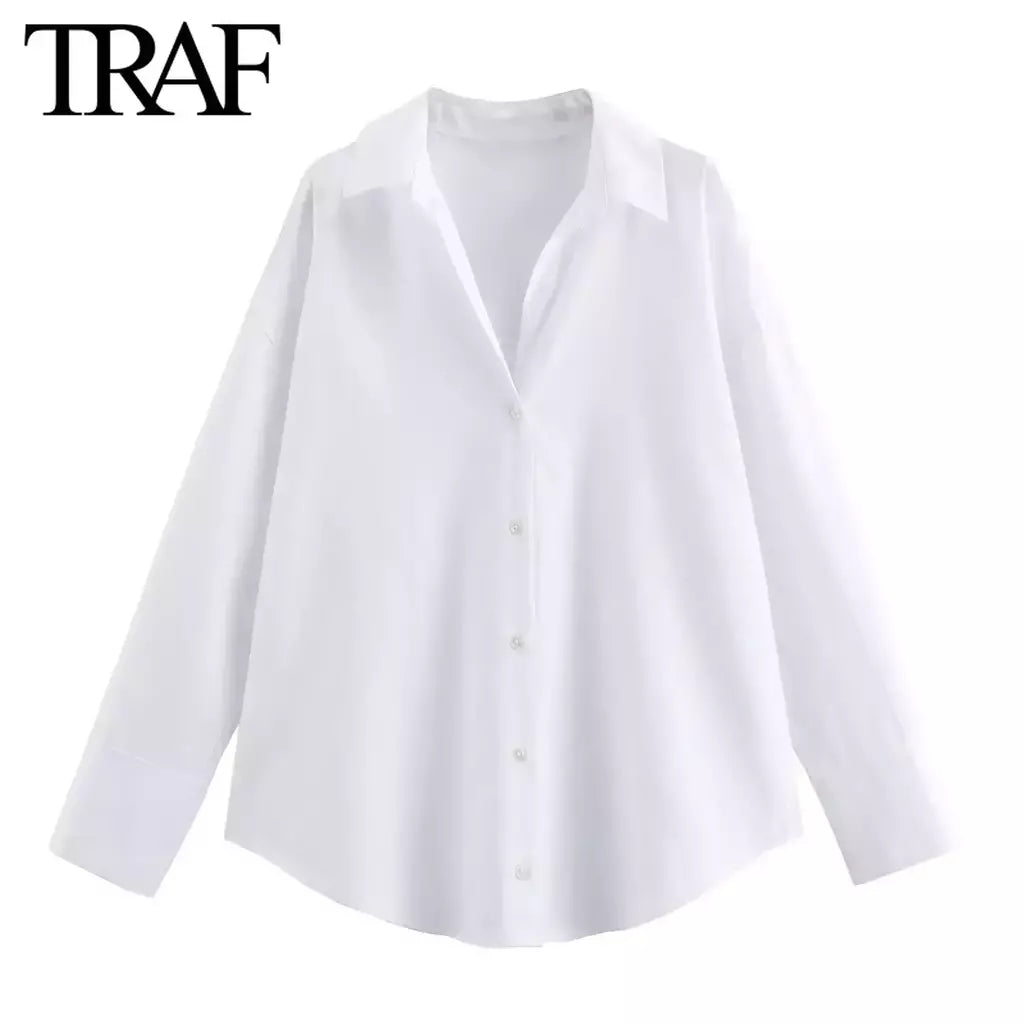 TRAF-Blusa Feminina de Algodão Lapela de Peito Único, Camisa Feminina, Tops de Manga Comprida Oxford, Chique Street Clothing, Moda Primavera