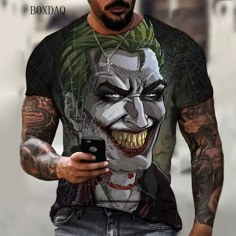 Camiseta masculina de manga curta, solta e casual, com padrão de palhaço aterrorizante, impressa em 3D, tamanho grande 6XL, verão