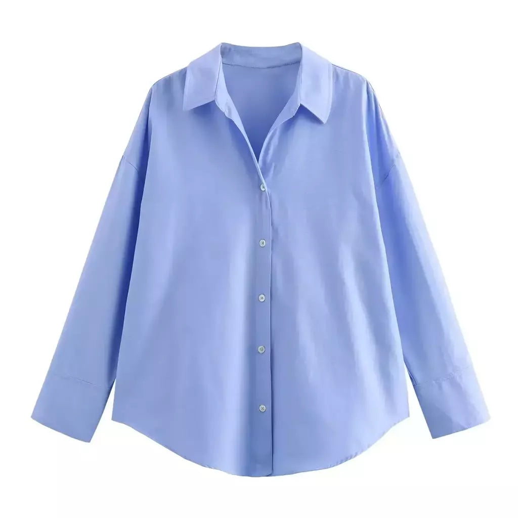 TRAF-Blusa Feminina de Algodão Lapela de Peito Único, Camisa Feminina, Tops de Manga Comprida Oxford, Chique Street Clothing, Moda Primavera
