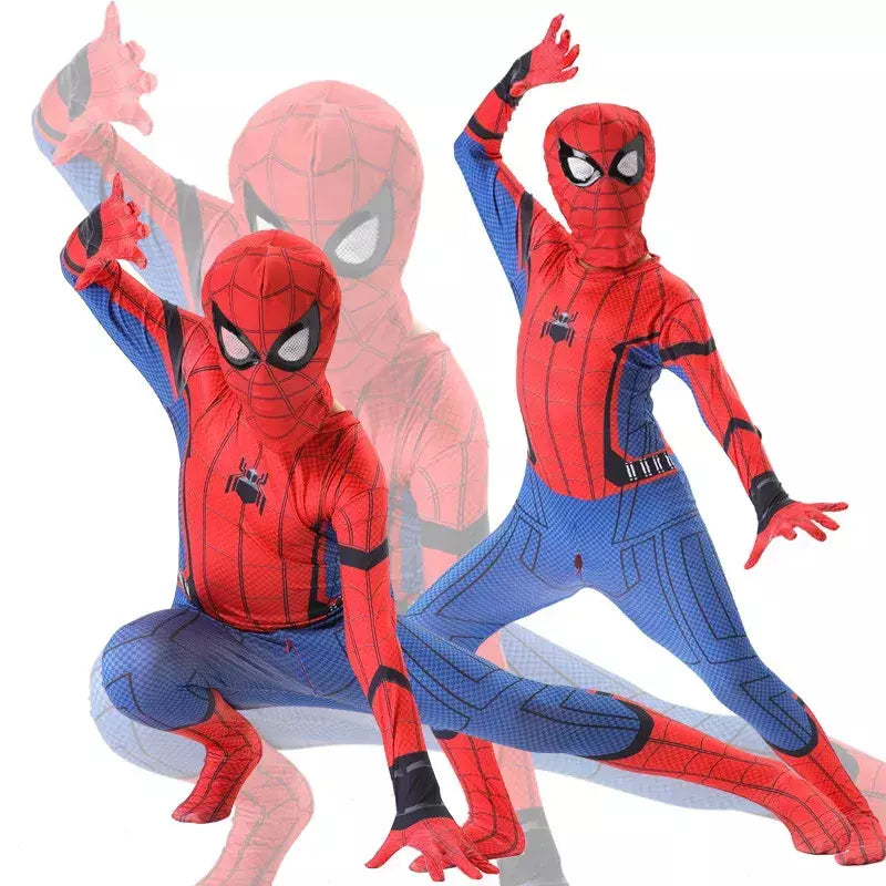 Crianças super-herói bodysuit milhas cosplay peter parker traje dos desenhos animados halloween conjunto com capuz traje de férias macacão com capuz separado
