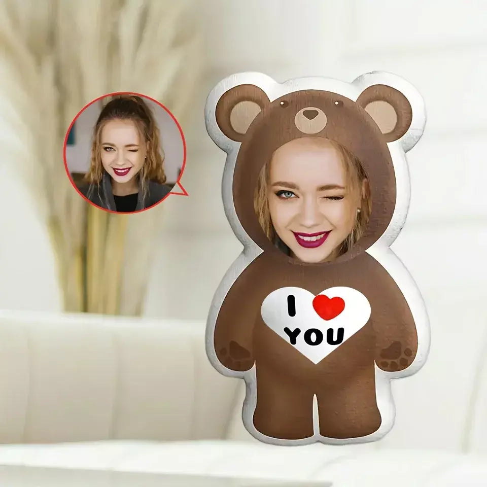 Travesseiro de urso com foto personalizada "Eu te amo" pelúcia facial presente ideal para entes queridos. Pelúcia curta macia e confortável