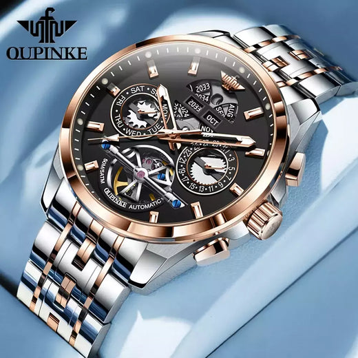OUPINKE-Relógio mecânico totalmente automático masculino, relógio de pulso luminoso, calendário ano mês safira, marca de luxo superior