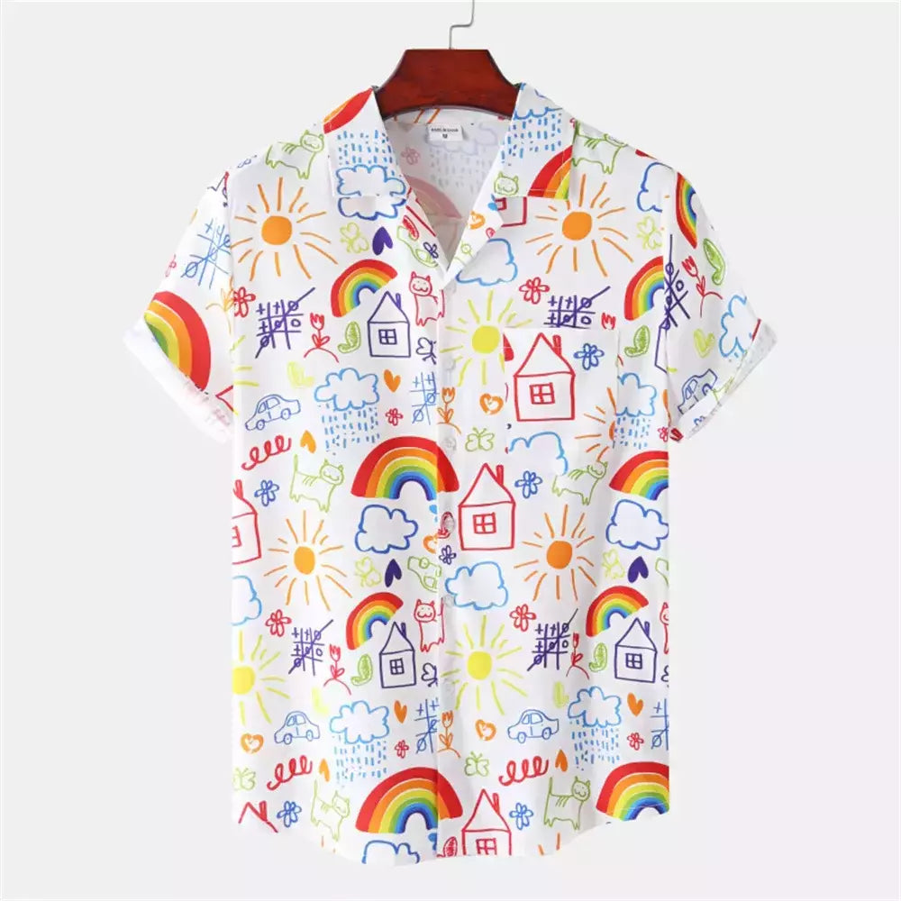 Camisa de praia de manga curta masculina, tops florais soltos, roupa de secagem rápida, estampa havaiana flamingo, férias à beira-mar