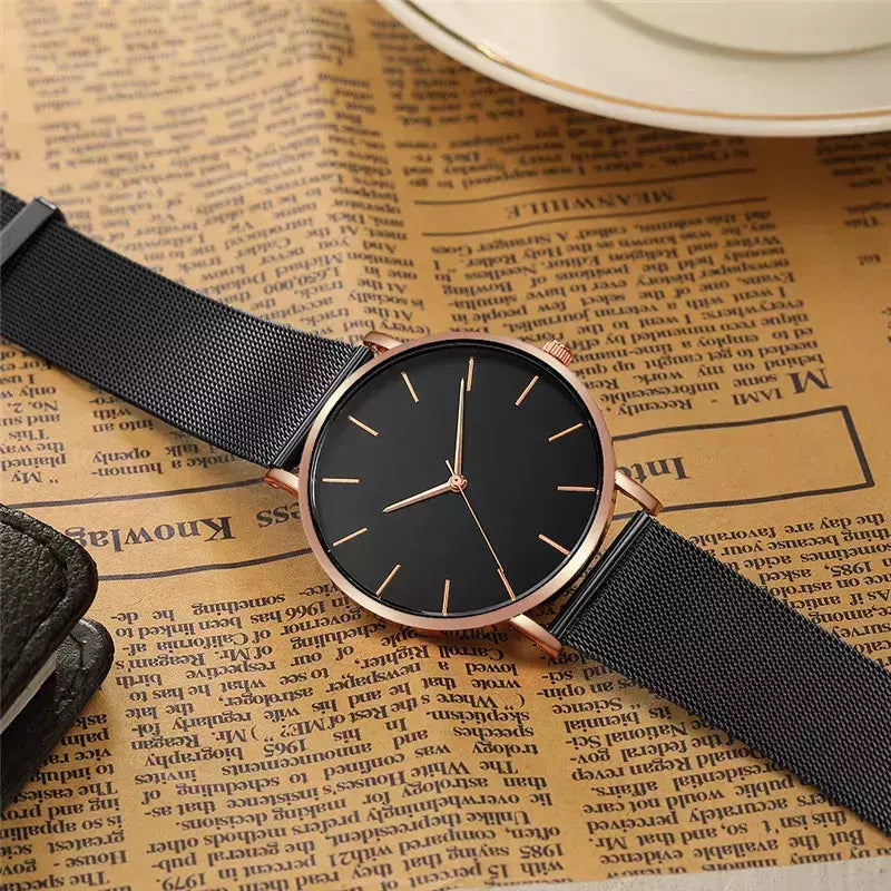 Relógio de pulso de malha de aço inoxidável feminino, feminino Fashion, Casual, Simples, Quartzo, Hora de Metal, Feminino, Preto