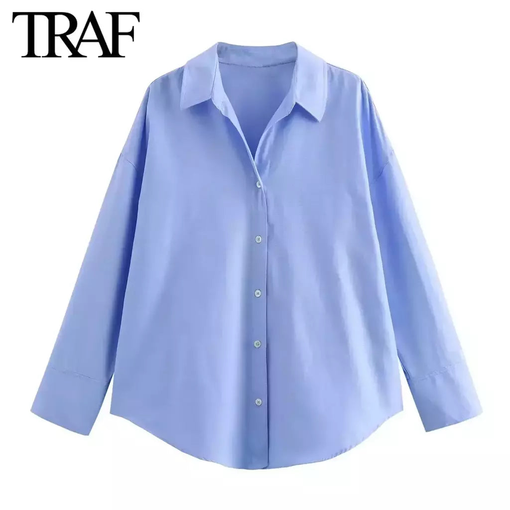 TRAF-Blusa Feminina de Algodão Lapela de Peito Único, Camisa Feminina, Tops de Manga Comprida Oxford, Chique Street Clothing, Moda Primavera