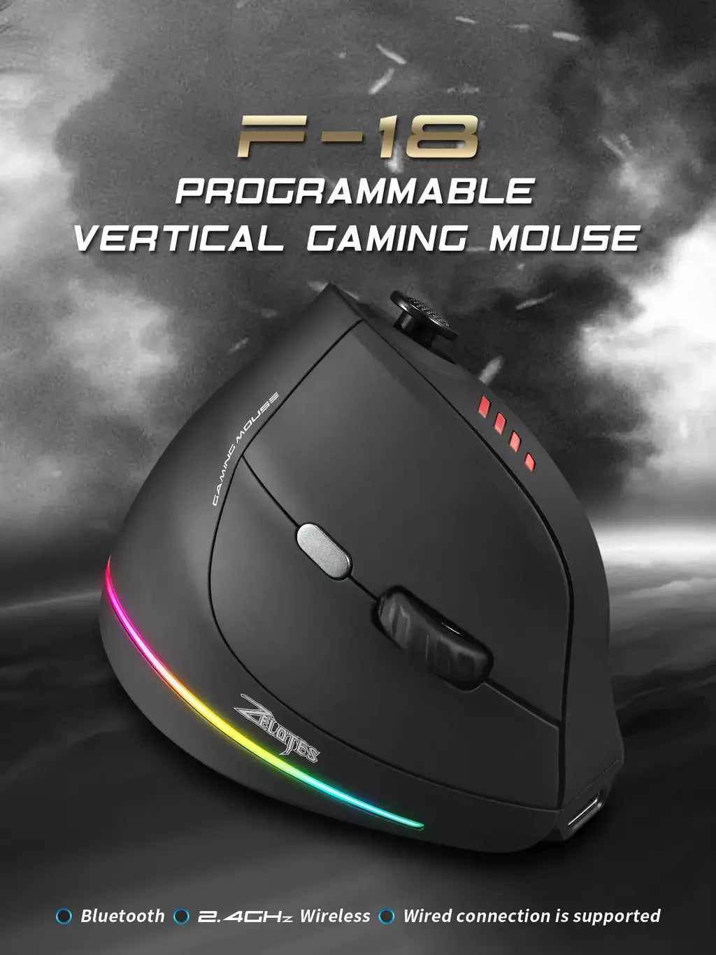 Zelotes f18 mouse ergonômico vertical 2.4g mouse sem fio bluetooth 24000dpi com programação mouse para jogos para computador portátil