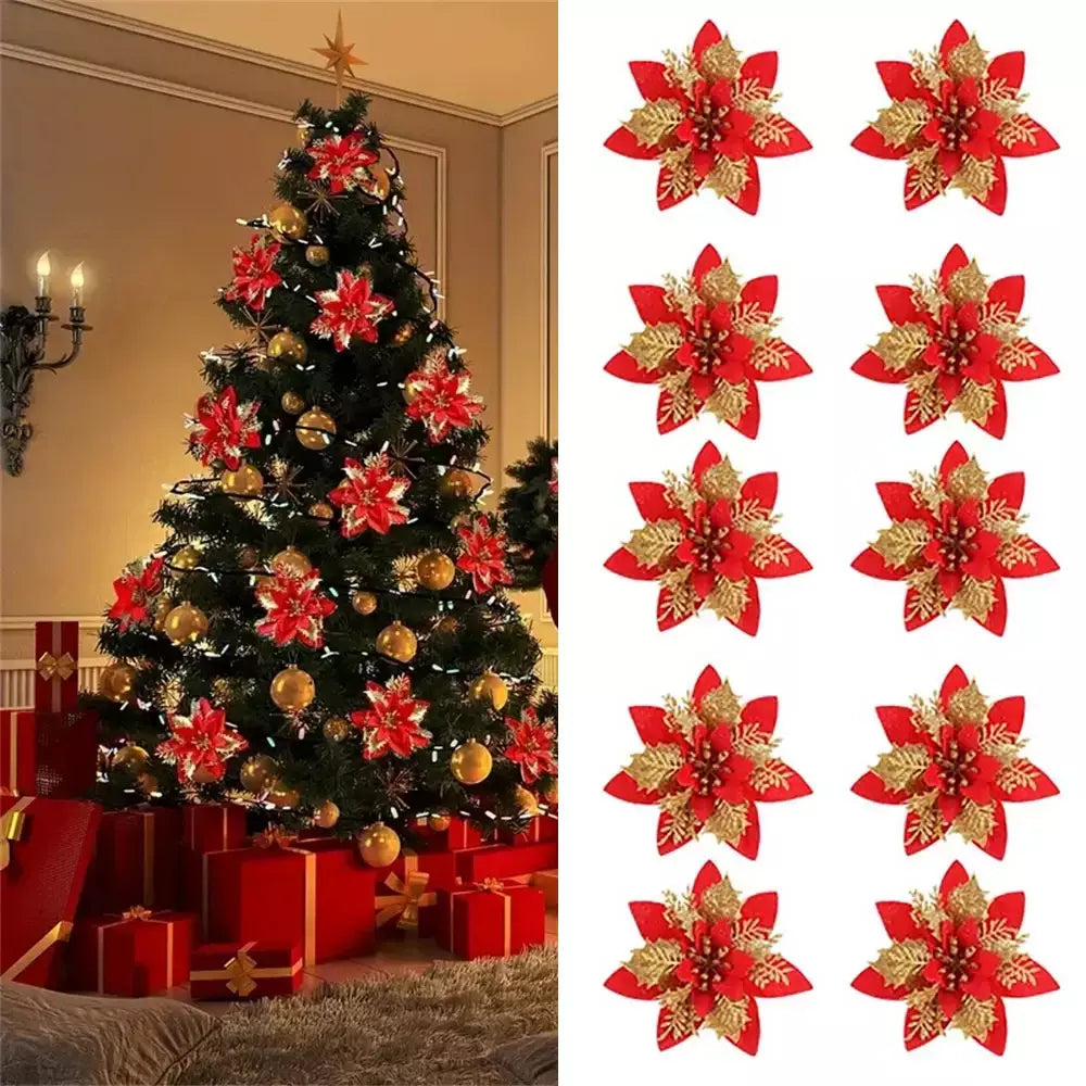 Flores artificiais com glitter para árvore de Natal, enfeites de Natal, rosa, vermelho, dourado, decoração de Natal para casa, 14,5 cm