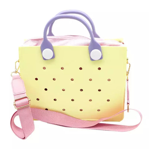 Saco de praia impermeável com furos, sacola transversal do corpo, acessórios de encantos adequados DIY, sacos de jantar feminino, elegante