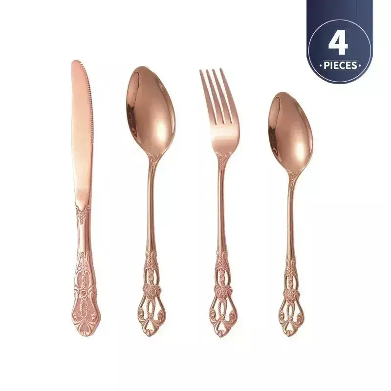 Conjunto de talheres de aço inoxidável dourado, colher europeia real, garfo, talheres completos, design retrô, seguro para máquina de lavar louça, talheres elegantes