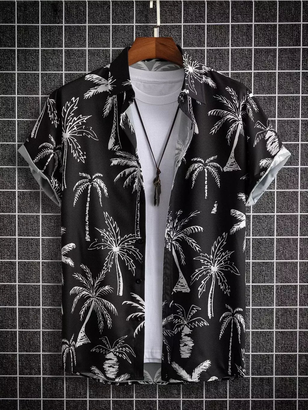 Camisa de lapela masculina de manga curta, estilo havaiano, padrão tropical de coqueiro, tops grandes, férias de verão