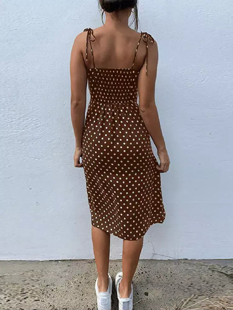 Vestidos de verão feminino causal polka dot sem mangas alta plissado cintura elástica com decote em v vestido de praia vestidos de verano