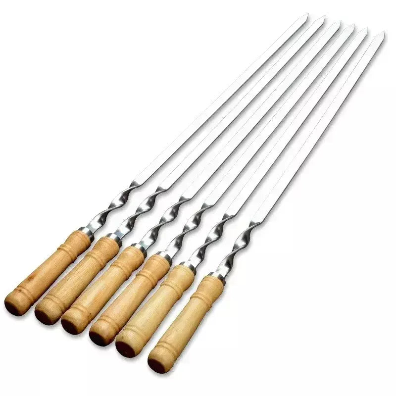 Espetos de churrasco de aço inoxidável alça longa 55cm alça de churrasco de madeira grande vara plana ao ar livre piquenique ferramentas de churrasco