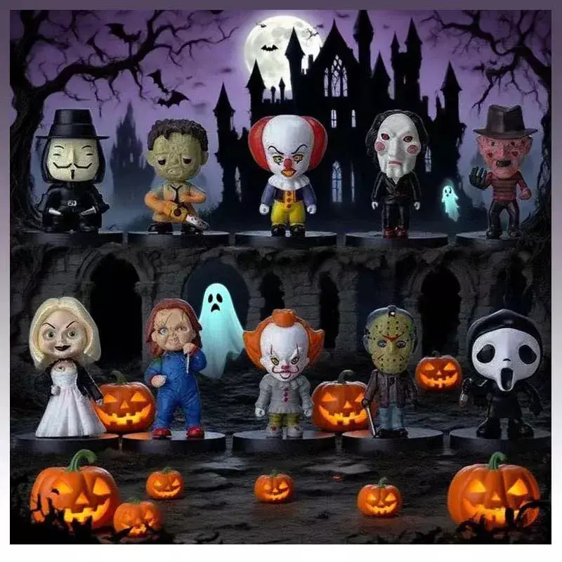 Conjunto de estátua de personagem de ação com ícone de terror, 10 peças, Chaqi Jason Voorhees Freddy Krueger Pennywise It, brinquedo modelo de terror para Halloween