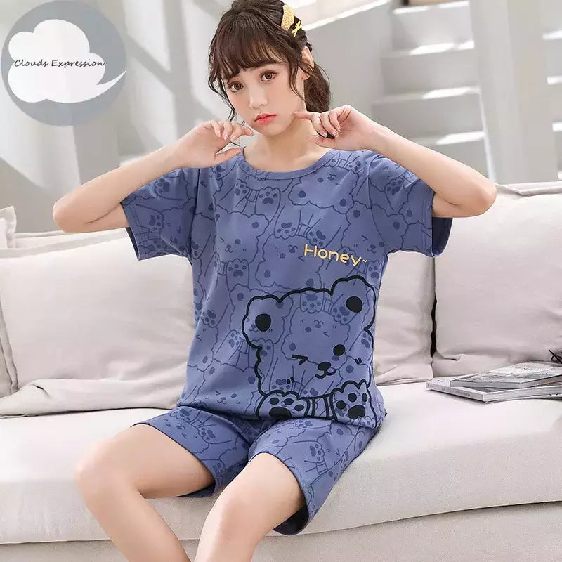 Desenhos animados pato impressão pijama conjuntos para jovens amantes, pijamas de algodão, ternos curtos para casais, moda homewear, verão, 4XL
