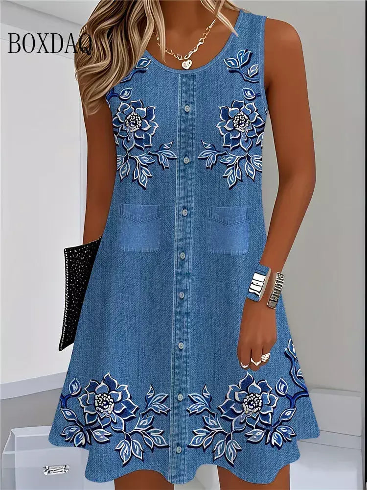 2025 mulheres verão sem mangas vestido boêmio moda imitar cowboy colete flores impressão vestido casual tanque vestidos de praia para mulher