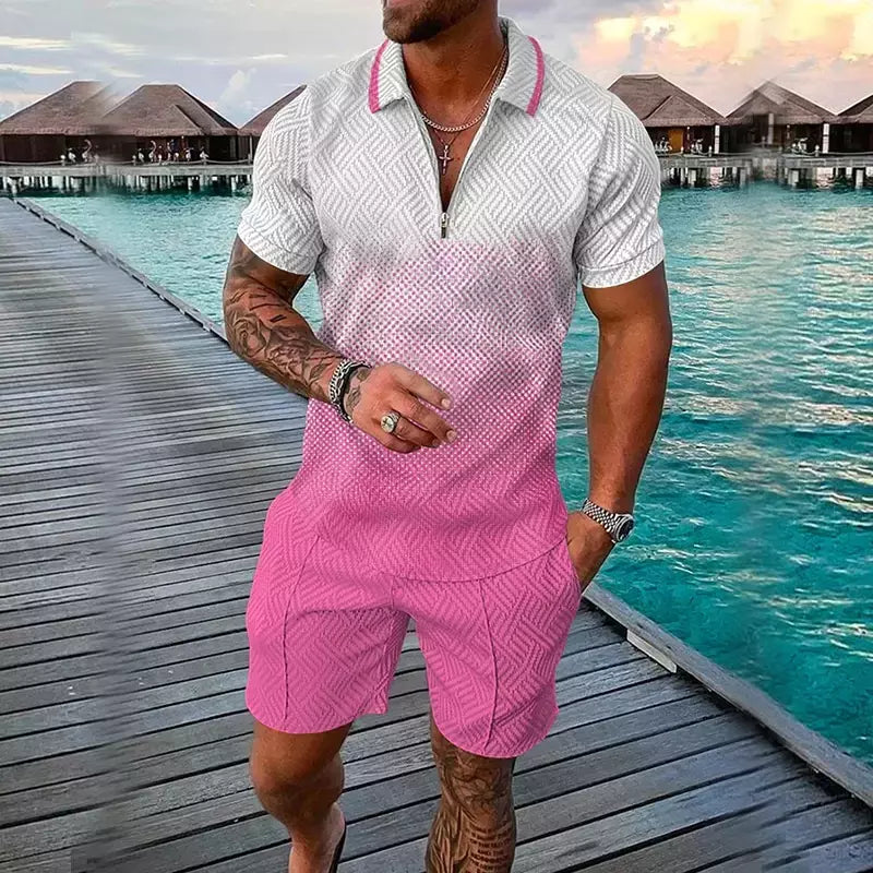 Conjunto de camisa polo e shorts masculino casual de manga curta com zíper gola v, moda verão, 2 peças, 2023