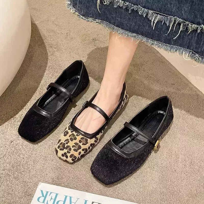 Sapatos casuais com estampa leopardo de toe quadrado para mulheres, sapatilhas femininas, sapatos Mary Jane ao ar livre, novo design