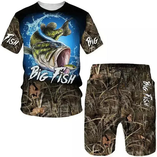 Conjuntos de 2 peças de camisetas e shorts com estampa 3D, trajes camuflados de pesca masculinos, agasalhos casuais, roupa de grandes dimensões, roupas masculinas