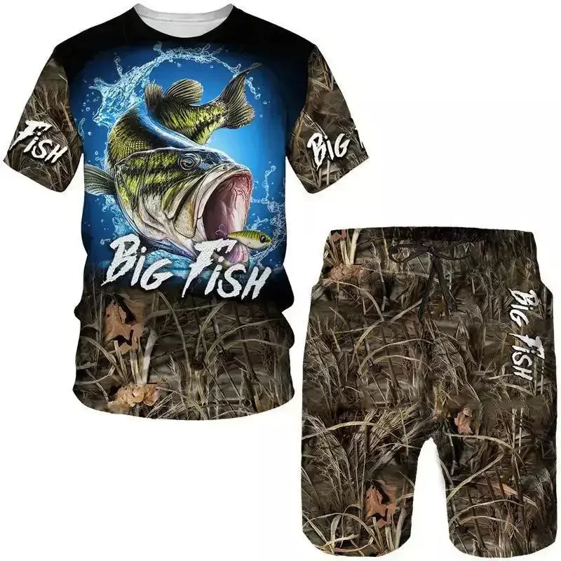 Conjuntos de 2 peças de camisetas e shorts com estampa 3D, trajes camuflados de pesca masculinos, agasalhos casuais, roupa de grandes dimensões, roupas masculinas