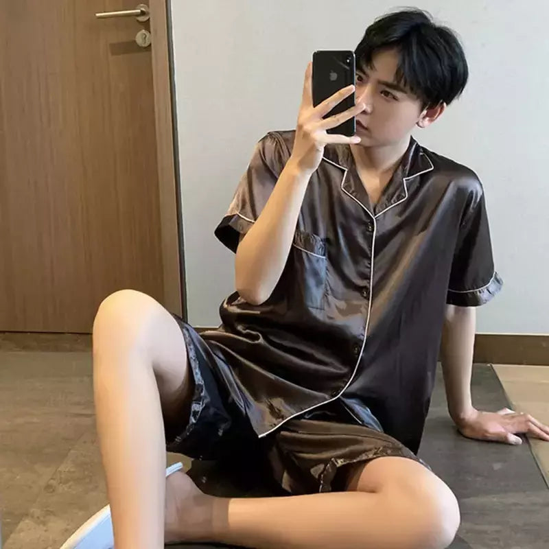 Pijama de seda gelo masculino, shorts de manga curta, roupa de manga fina, cor sólida, terno doméstico tamanho grande, várias cores disponíveis, verão