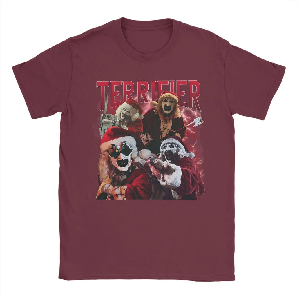 Arte engraçada os palhaços terrifier natal camiseta masculina em torno do pescoço puro algodão t camisas de manga curta camiseta impressa topos