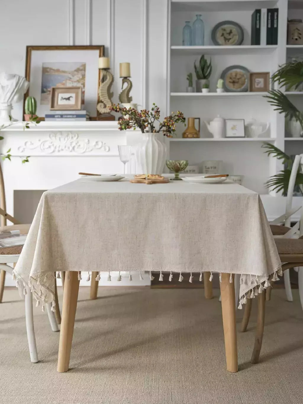 Toalha Retangular de Linho com Franja, 4 Estações, Monocromático, Bege, Vintage, Rústico, Decoração Casamento, Mesa de Cozinha, Quatro Estações