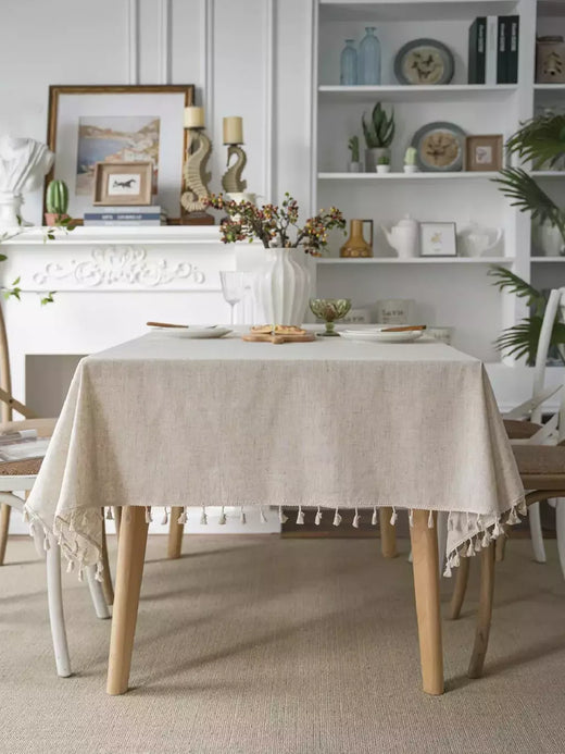 Toalha Retangular de Linho com Franja, 4 Estações, Monocromático, Bege, Vintage, Rústico, Decoração Casamento, Mesa de Cozinha, Quatro Estações