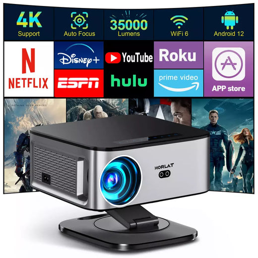Horlat 35000 Lumens 4K UHD Projetor Android 12 WiFi 6 BT5.2 64G Native1080P Full HD Projetor de filmes de home theater para Netflix