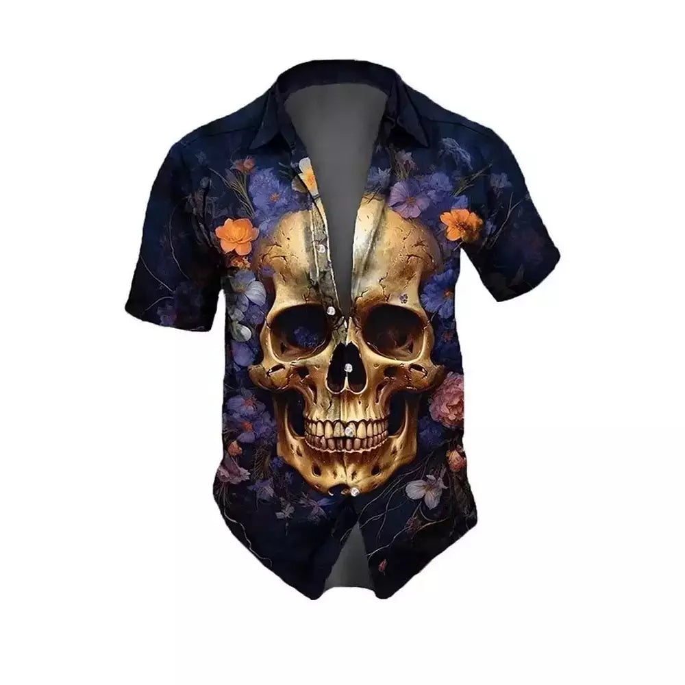 Camisa retrô masculina com estampa caveira rosa, roupa de festa, manga curta, casual, na moda, extragrande, tamanho S-5XL, moda, verão
