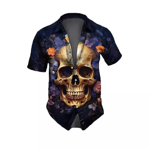 Camisa retrô masculina com estampa caveira rosa, roupa de festa, manga curta, casual, na moda, extragrande, tamanho S-5XL, moda, verão