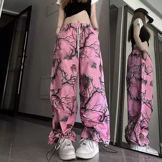 Calça casual com graffiti vintage masculina e feminina, estilo americano, estampa de camuflagem, bolso, calça de perna reta, estilo coreano, 2023