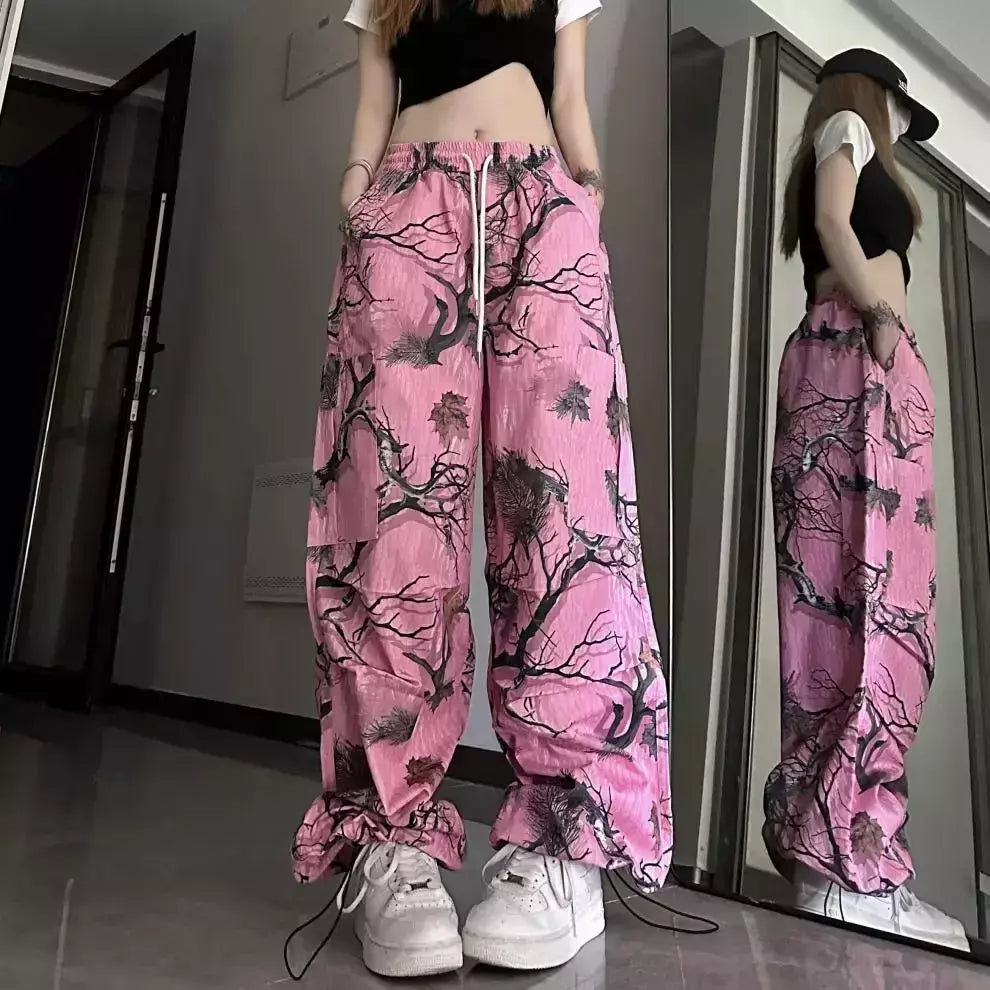 Calça casual com graffiti vintage masculina e feminina, estilo americano, estampa de camuflagem, bolso, calça de perna reta, estilo coreano, 2023