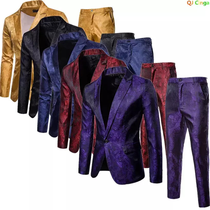 (Jaqueta + calças) conjuntos de terno fino casual de negócios masculino, moda impressa smoking vestido formal de casamento blazer ternos de performances de palco