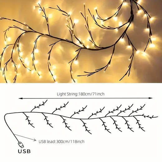 Luzes Willow Vine para decoração de quarto, luzes mágicas flexíveis com USB, 96 LED, luzes cintilantes dos ramos de árvores, 180cm, 78,5 pol, 1PC